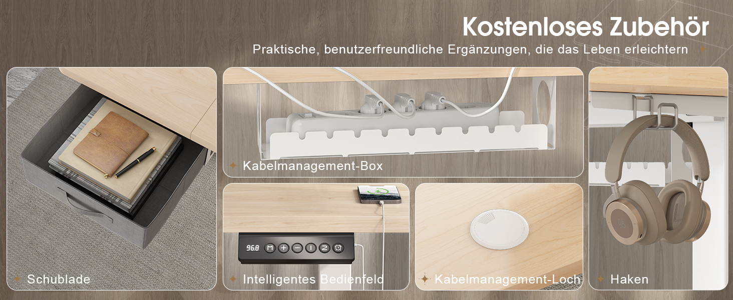Регульований стіл Devoko 160x80 см з висувними ящиками, USB-порт, органайзер для кабелів, стіл для комп'ютера з 3-ма пам'ятними функціями, білий