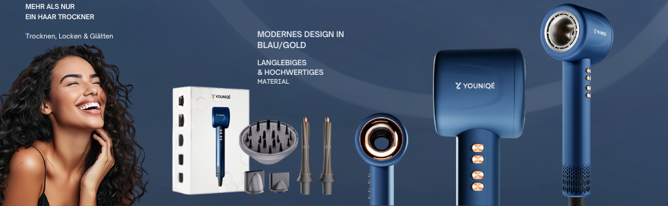 Мультифункціональний фен для волосся 5-в-1 з іонною технологією, набір насадок (локони, випрямлення, дифузор, концентратор), 1600W, LED-дисплей, 4 режими температури, магнітні насадки, Блакитний/Золотий