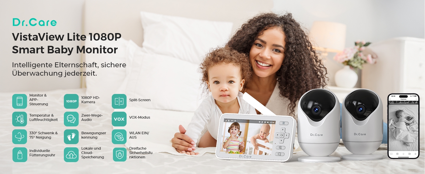 Відеоняня Dr.Care VistaView Lite WLAN з App-керуванням, Full HD 1080P камера, розділений екран 720P, датчик руху та ІК-нічний зір (монітор 4