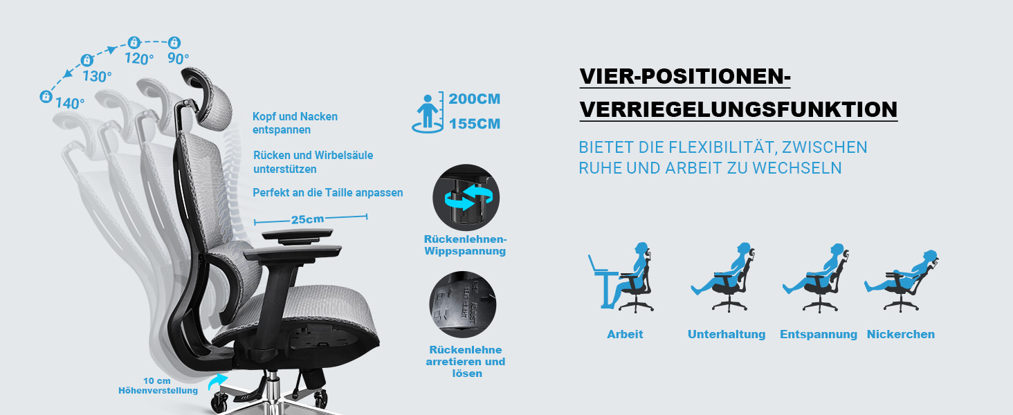 Ергономічне крісло для офісу та дому, 4D підлокітники, регулювання глибини сидіння, 4-рівневий нахил, гумові колеса, сітчасте сидіння, висока спинка, для великих людей, Homeoffice & Gaming (Сірий, сітчасте сидіння)