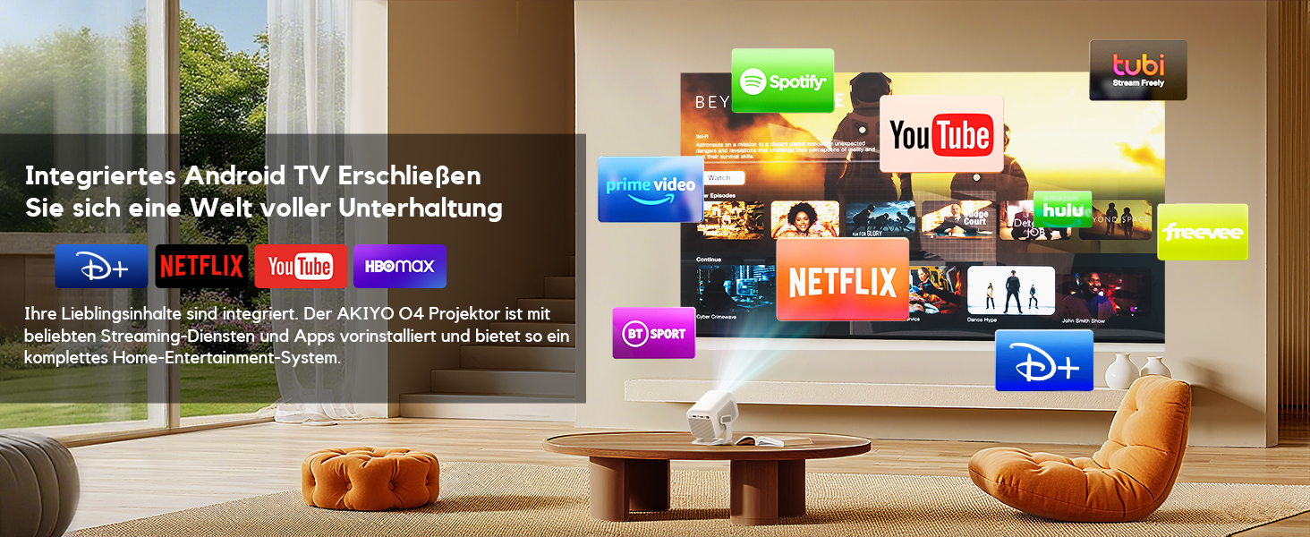 Smart проєктор AKIYO O4 з WiFi 6, Bluetooth 5.4, 4K, HDMI, USB, підтримкою PS5, автофокусом та автотрапецеїдною корекцією