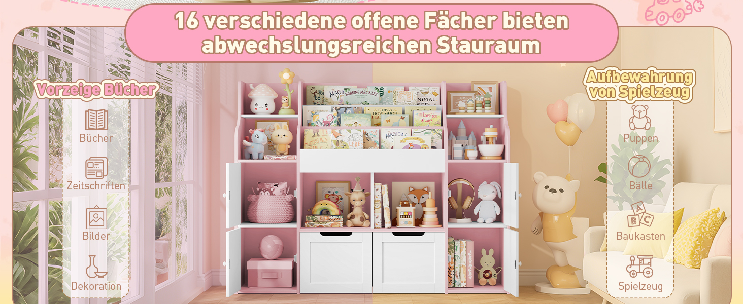 FOREHILL Дитяча полиця-стелаж для іграшок та книг у кімнату з дерева, рожева, 122 x 30 x 100 см
