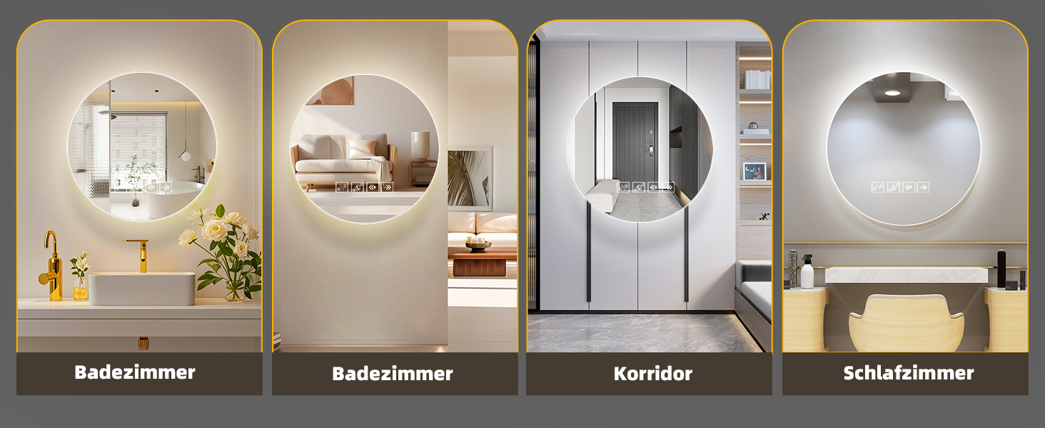 Дзеркало для ванної кімнати 600мм з підсвічуванням, регульованою яскравістю, сенсорним вимикачем, функцією проти запотівання та таймером | IP44, вологостійке, кругле дзеркало з підсвічуванням для ванної кімнати, готелю (з музикою)