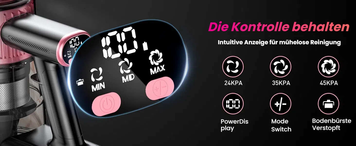 Бездротовий акумуляторний пилосос 45000Pa/500W/45хв з LED дисплеєм та антизаплутана насадка, висувний шланг 73см для твердих поверхонь, килимів та шерсті тварин, рожевий