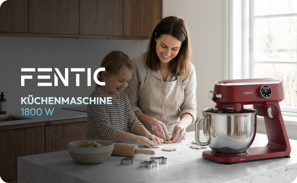 Планетарний міксер Küchenmaschine 1800W з чашею з нержавіючої сталі 7л, тістоміс для хліба та піци, 10 швидкостей з таймером, набір насадок та захисним екраном (Червоний)