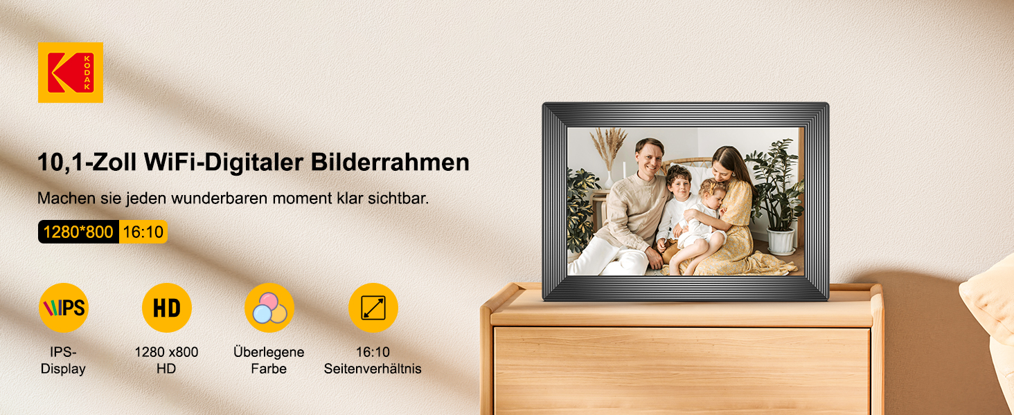 Цифровий фоторамка Kodak WiFi, 10.1 дюйма, HD IPS сенсорний екран, 32GB, автоматичне обертання, WiFi, для стін, чорний