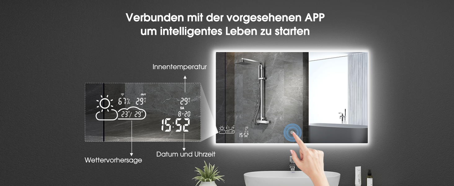 Дзеркало для ванної кімнати LED Byecold з підсвічуванням, 60x80 см, з Wi-Fi, погода та дата, сенсорне управління