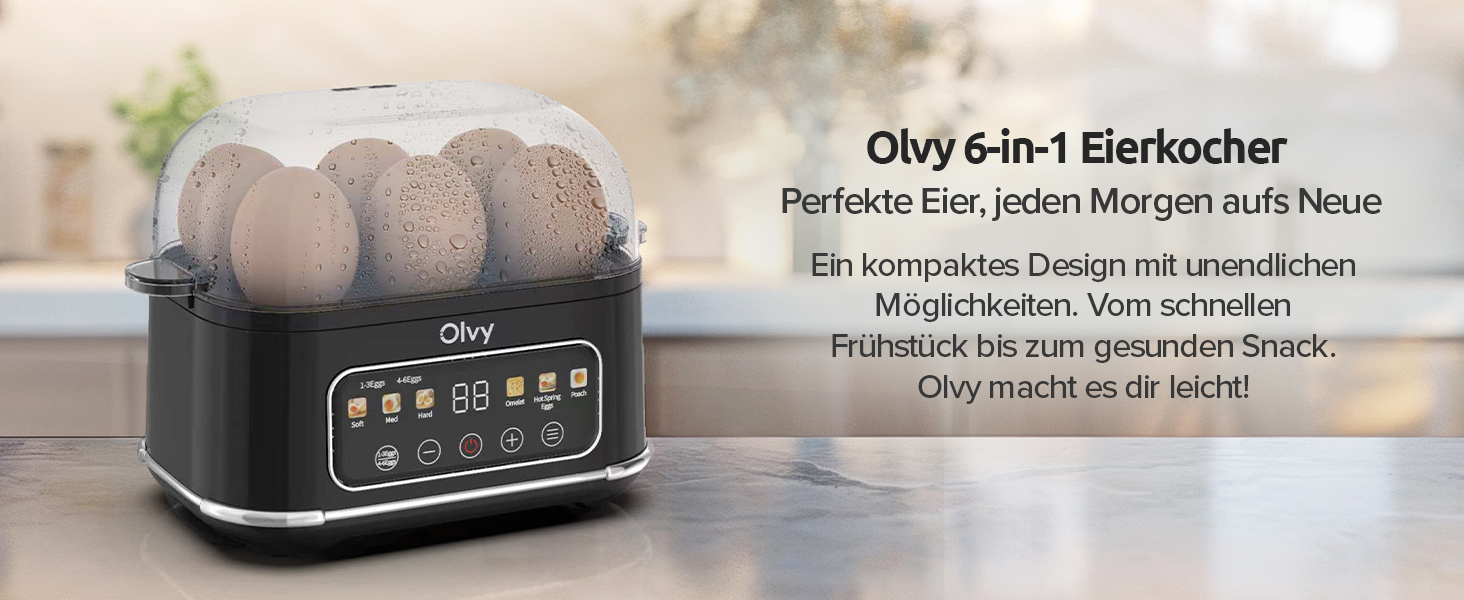 Електричний відварювач яєць Olvy з LCD-таймером на 6 яєць, чорний — пароварка для сніданків, що миється в посудомийній машині