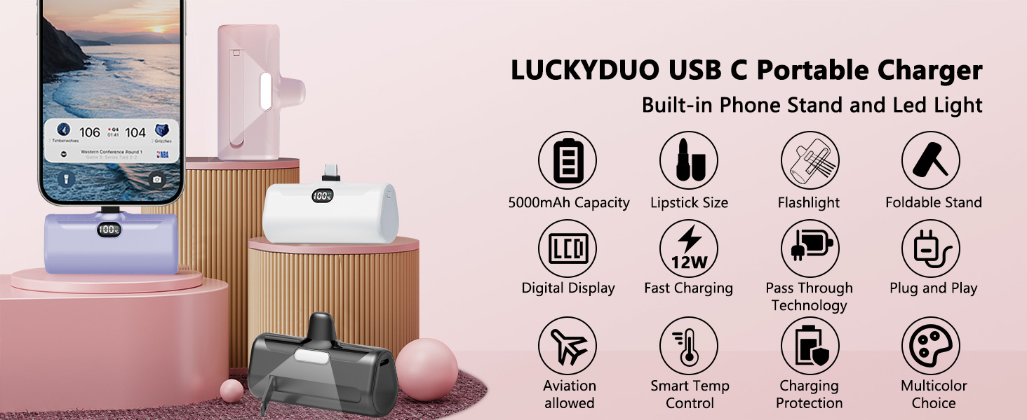 Малий павербанк LUCKYDUO 5000 мАг з підставкою та світлодіодом, сумісний з iPhone/Samsung/Huawei (рожевий)