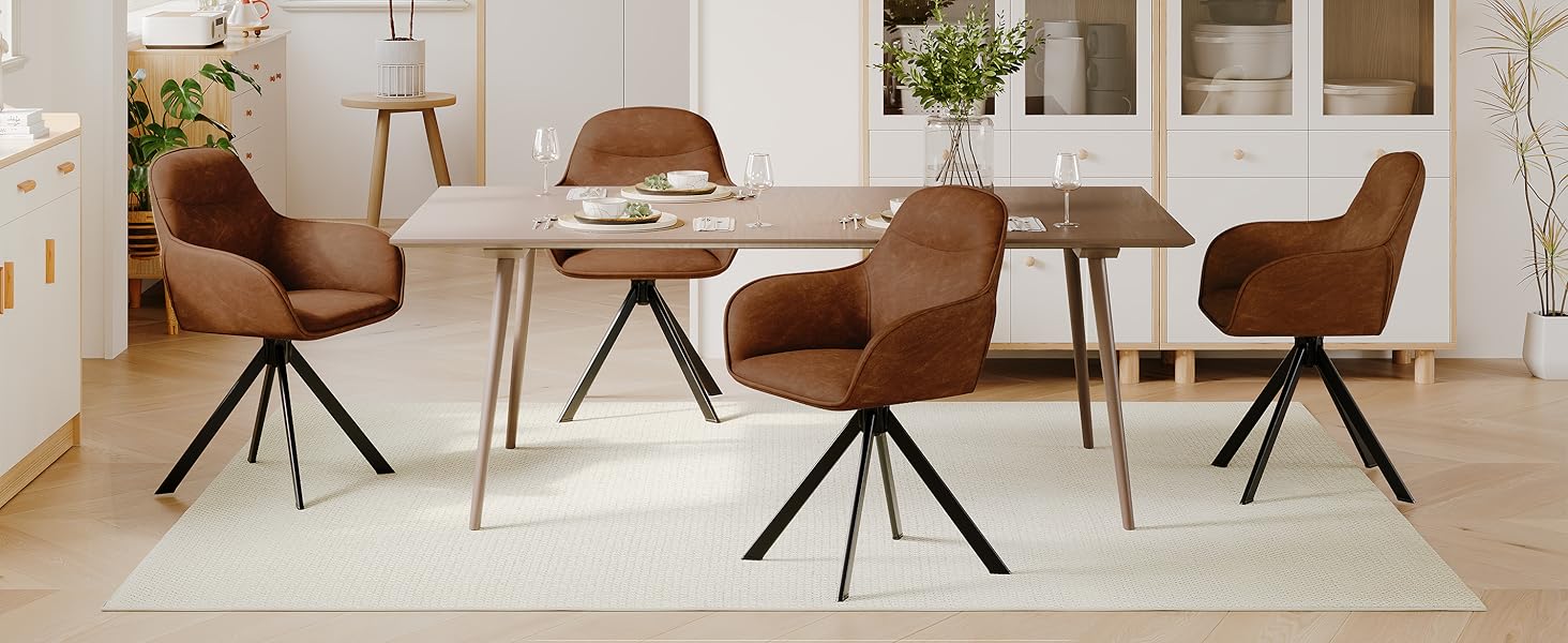 6 стільців для обідньої кімнати з підлокітниками, штучна шкіра, коричневі. Металеві ніжки, для кухні, їдальні та офісу. Комплект 6 шт.