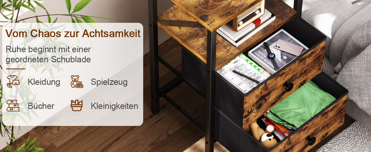 Нічний столик AMHANCIBLE з зарядкою, приліжний столик з висувними ящиками з тканини, журнальний столик з відкритою полицею, з 2 USB-портами та 2 розетками, для спальні, вітальні, HETS020GY-1 (Коричневий)