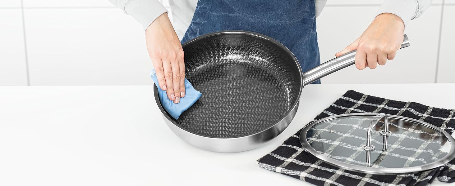 Сковорода з нержавіючої сталі Moritz & Moritz з кришкою 28 см з керамічним покриттям нового покоління - підходить для всіх типів плит - антипригарна сковорода з вафельною структурою для приготування, смаження та тушкування. Діаметр 28 см