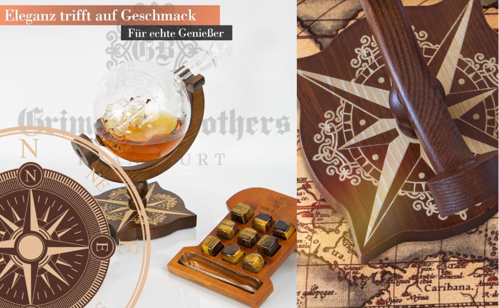 Karafe для віскі Grimm & Brothers Kompass ECHTHOLZ 850ml з привітальною листівкою - аксесуари для віскі, подарунок для чоловіків, глобус, подарунковий набір