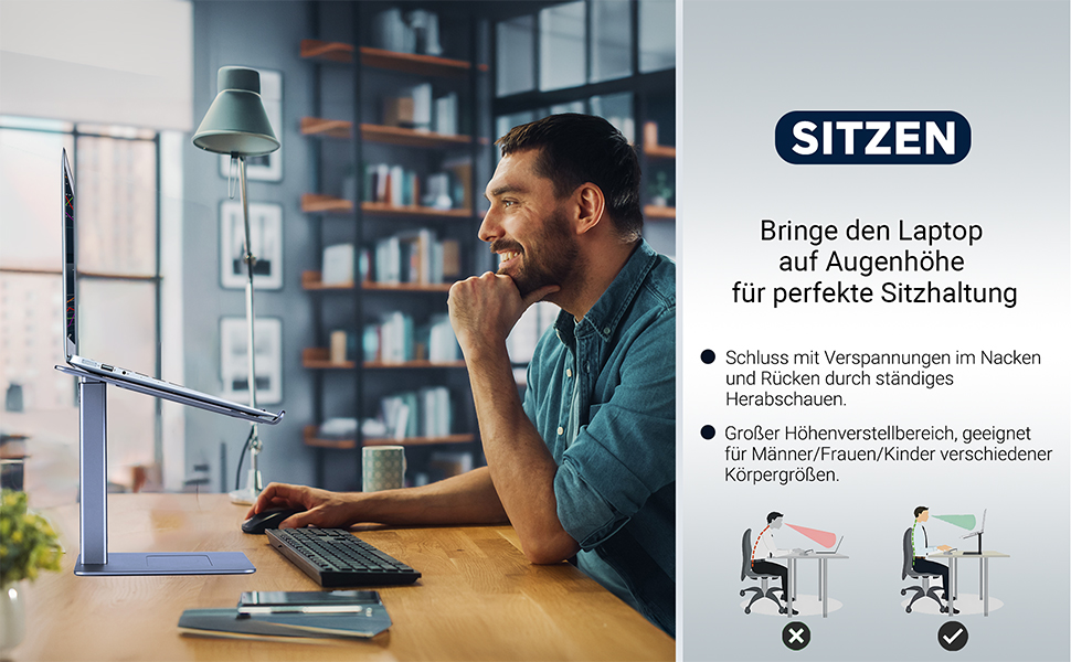 Регульований підставка для ноутбука, стійка для ноутбука на стіл, можливість стоячи, підставка для DJ ноутбука, компактна альтернатива столу, сумісна з MacBook та ноутбуками 13' - 16.5', чорний (сріблястий)