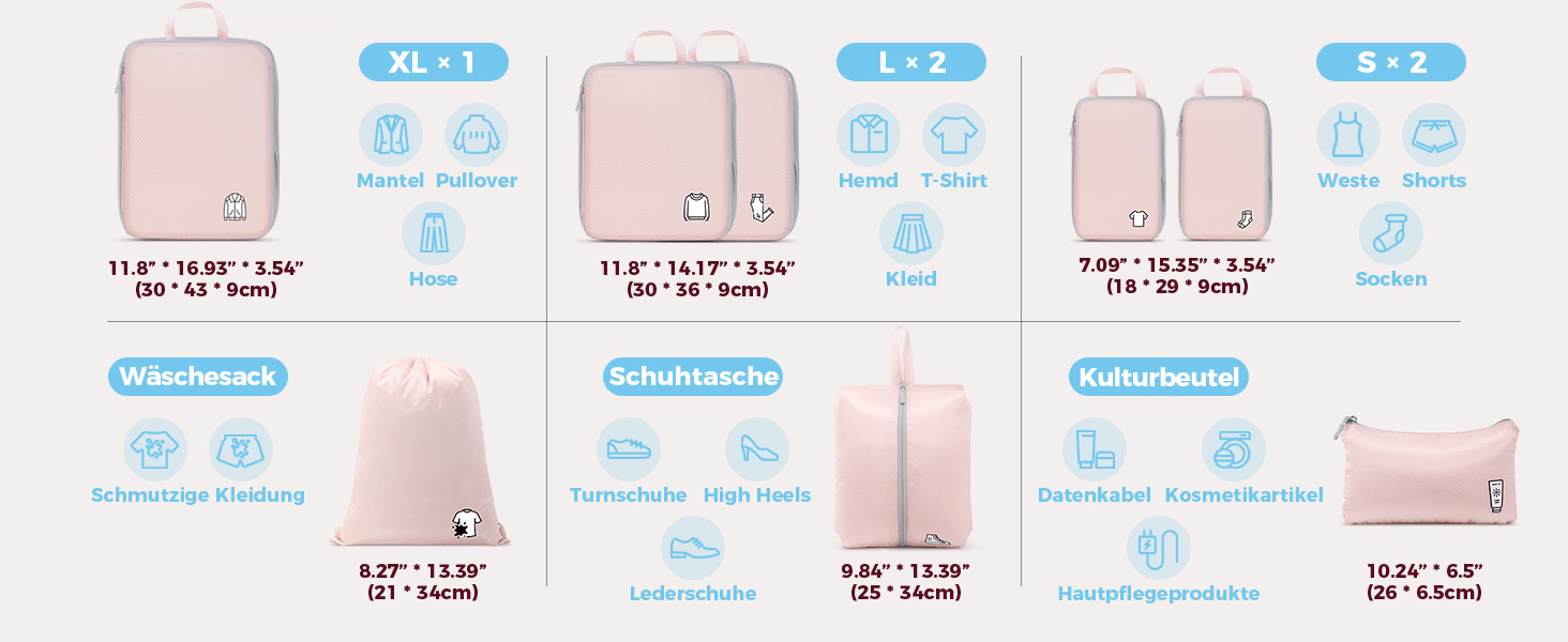 Набір компресійних органайзерів для валізи та рюкзака, водонепроникні пакувальні куби для подорожей, 8 предметів (Рожевий)