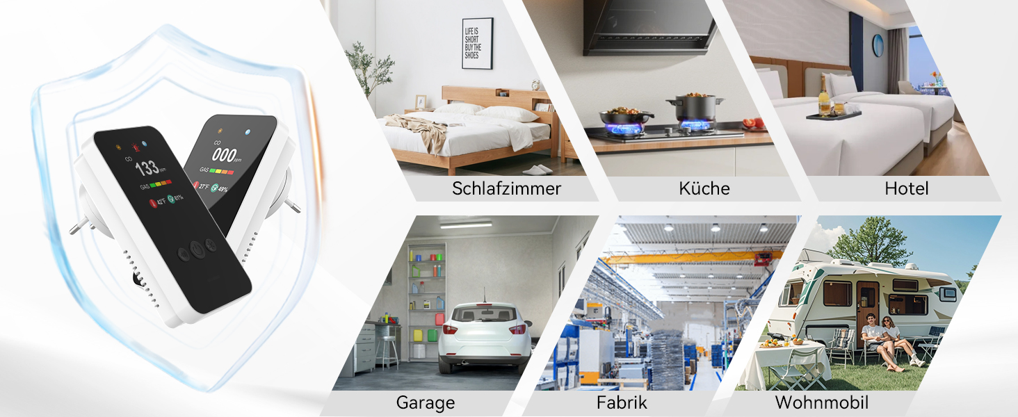 Детектор чадного газу та газу з вилкою, 4-в-1 CO-детектор з датчиком температури та вологості, з акустичним сигналом для дому та автодому, 1 шт. (Чорний) (Weiß 1 Quadrat)