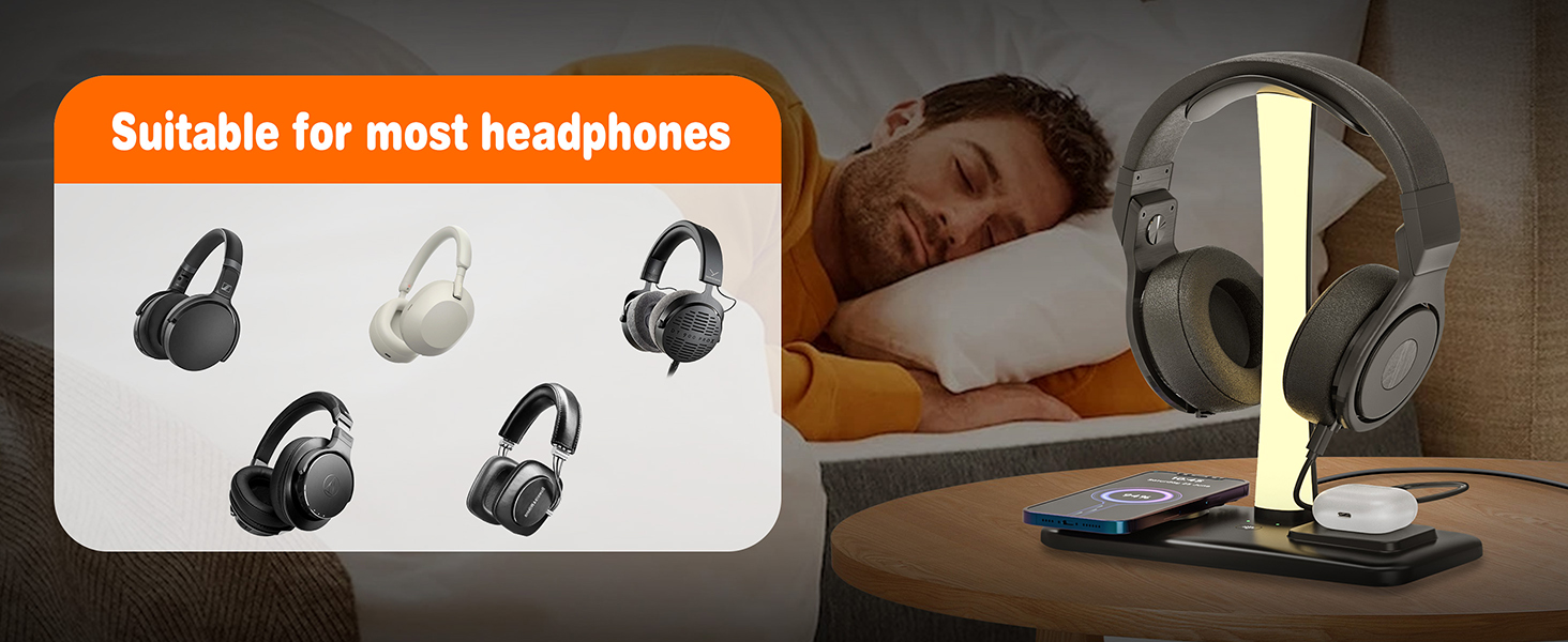 Підставка для навушників Jubor 3 в 1 RGB з бездротовим зарядним пристроєм 15W та 9 режимами підсвічування