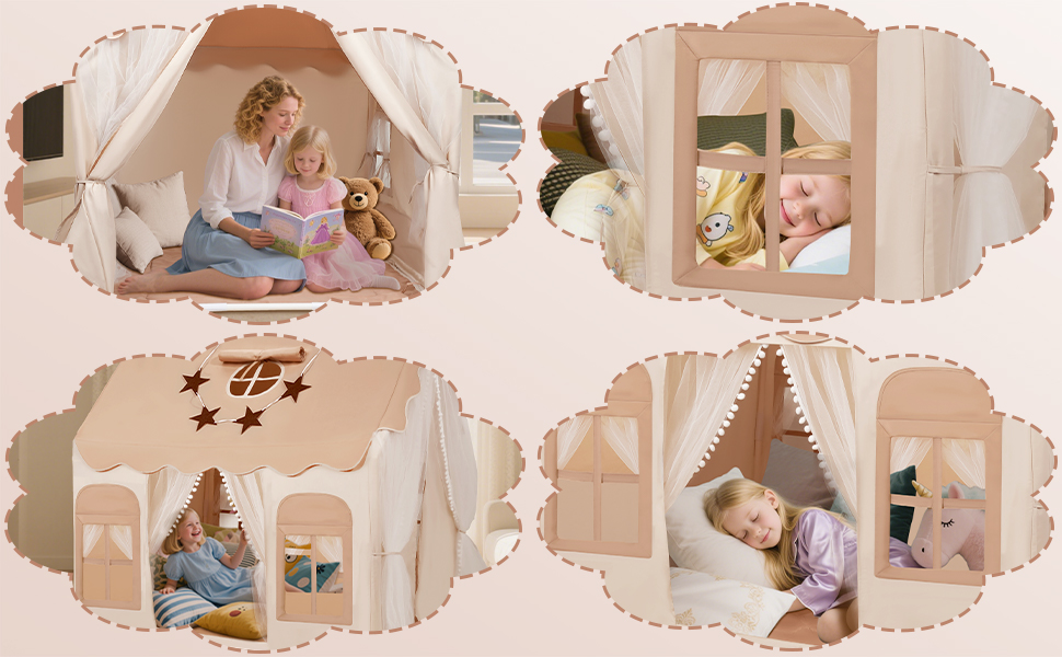 Дитяче намет-ігровий будиночок Snookids Kinderzelt Indoor з килимком, ліхтариками, прикрасами-веселкою та прапорцем-зіркою для хлопчиків та дівчаток