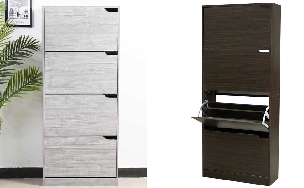 Стеллаж для взуття BAKAJI з МДФ, 4 дверцята, компактний, 63x24x150 см, зелений та дуб