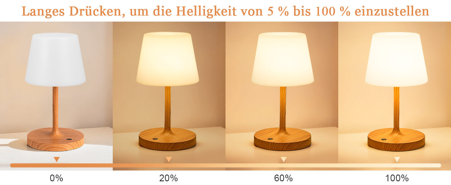 LED настільна лампа бездротова з сенсорним керуванням, регульоване світло, функція пам'яті, для спальні, кафе, відпочинку на природі, з текстурою дерева