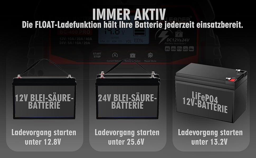 Зарядний пристрій для акумулятора 25A 12V/24V - Автоматичний зарядний пристрій для акумулятора з LCD-дисплеєм, підходить для LiFePO4 акумуляторів