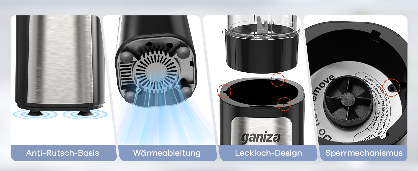 Блендер Ganiza Mini Smoothie Maker 900W з 3 стаканами (500мл x2, 700мл), електричний, сталеві ножі, BPA-free, для смузі та коктейлів