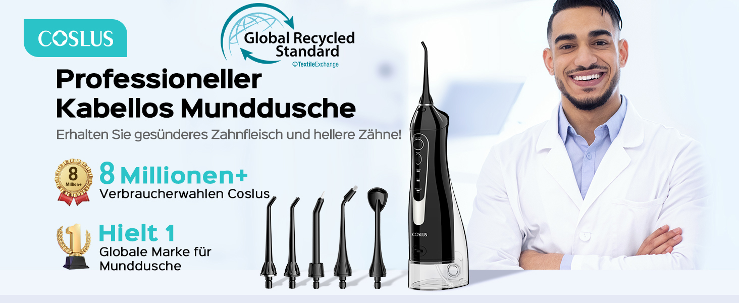Портативна електрична душова насадка COSLUS: 300 мл, IPX7, 5 насадок, для догляду за порожниною рота, білий (чорний)