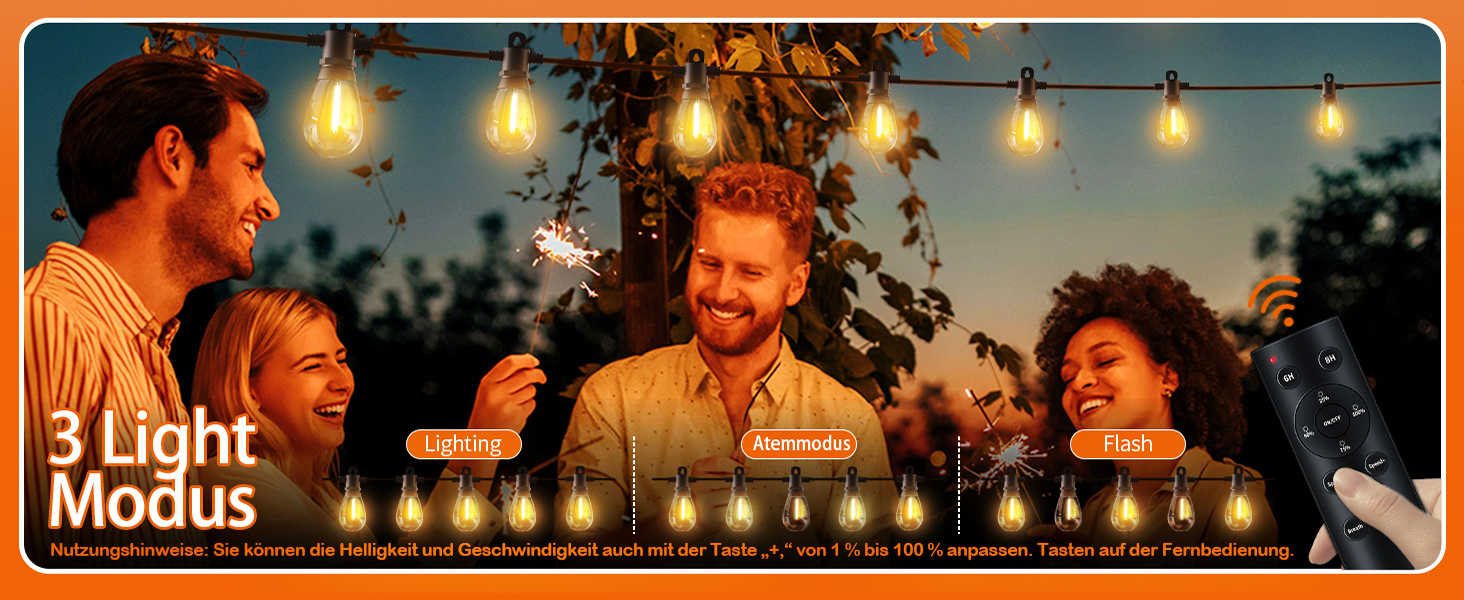 LED гірлянда для зовнішнього використання 30м з пультом, S14, 100FT, IP65, 30+2 лампочки, тепле світло 2700K, для саду, тераси, балкону, двору