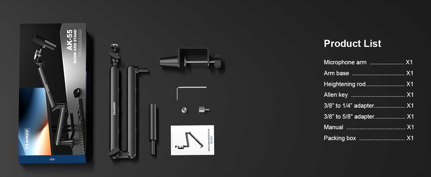Мікрофонний стійкий тримач Aokeo AK-55 для столу, низькопрофільний, регульований, сумісний з Aokeo Yeti, Snowball iCE, HyperX QuadCast, SoloCast, Elgato Wave (Чорний)