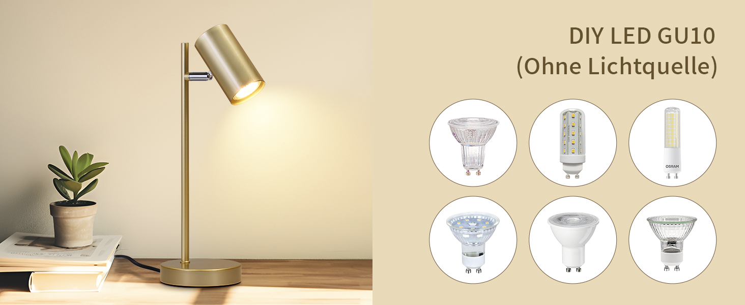 Настільна лампа 2ER Gold: регульована, для спальні, вітальні, офісу, з металу, з вимикачем