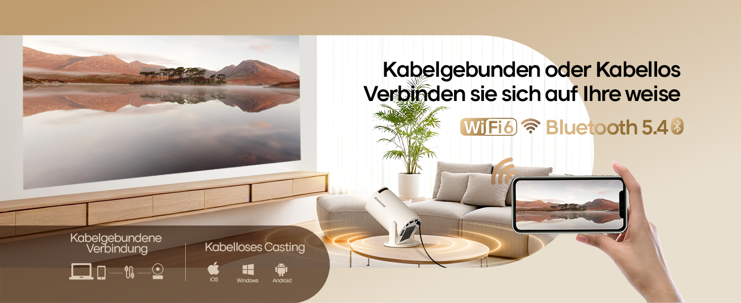 Міні-проектор Alwtniet 4K з Wi-Fi 6, Bluetooth 5.4, 5W динаміком, автоматичною корекцією трапецеїдальних спотворень, поворотним на 180°, портативний для дому та вулиці, Android 11 (ручний фокус)