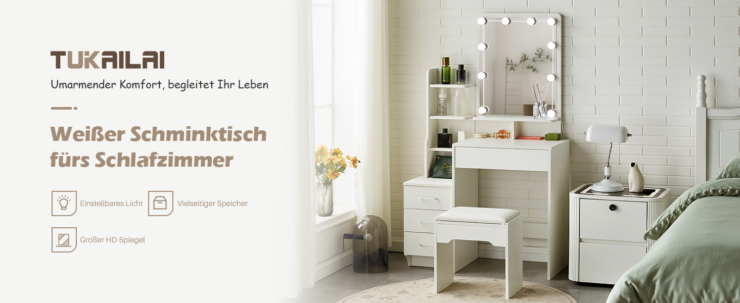 Тюльпанний туалетний столик TUKAILAI з LED-підсвічуванням та пуфом, дзеркало з 3 кольорами, компактний столик для макіяжу з шухлядою та відкритими полицями, 87x40x149 см