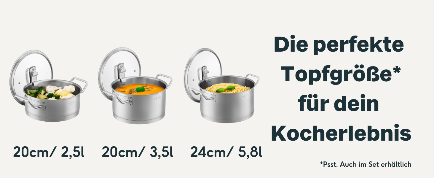 Набір каструль SILBERTHAL з нержавіючої сталі 3 шт (2.5л, 3.5л, 5л) для всіх типів плит, включаючи індукцію та духовку, зі скляними кришками, придатні для миття в посудомийній машині