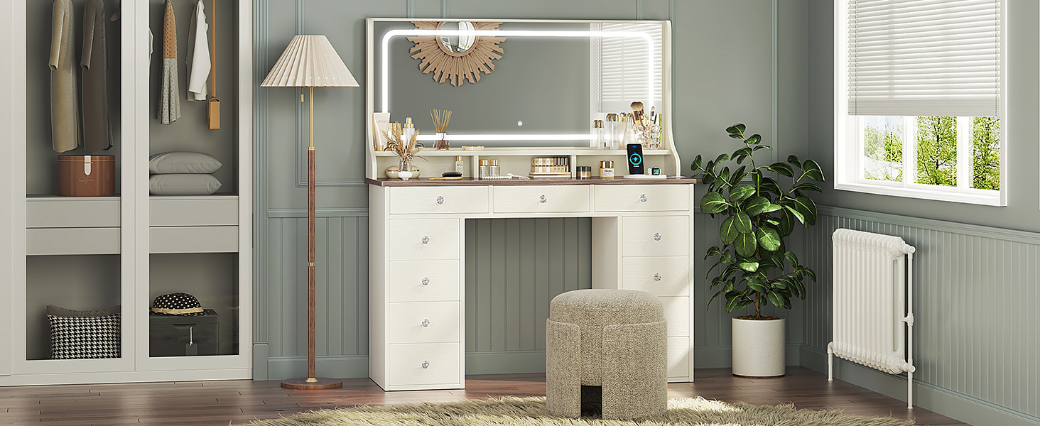 Дзеркальний туалетний столик Dripex з підсвічуванням, 11 шухляд, великий LED-дзеркало, розетка, регульована яскравість, білий (110см, вінтажний коричневий)