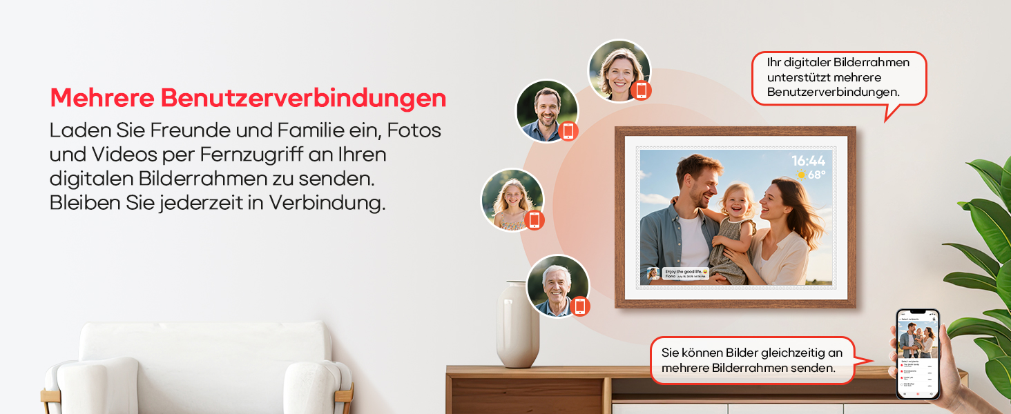 Frameo Цифровий фоторамка 10,1 дюйма, HD 1280*800 IPS сенсорний екран, 32GB пам'ять, автоповорот, Frameo App для обміну фото та відео, 15 дерев'яних текстур (білий)