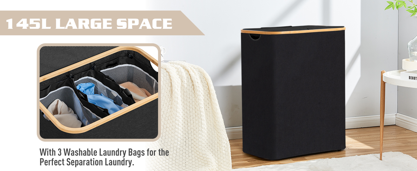 Кошик для білизни BRIAN & DANY з 3 відділеннями та кришкою, 145л, чорний
