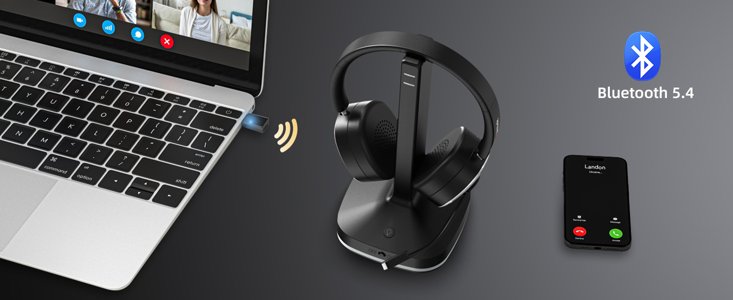 Бездротова гарнітура Wantek з мікрофоном та зарядною станцією, Bluetooth-навушники з USB-адаптером для кол-центру, офісу, Zoom, Skype та Teams, чорно-сріблясті