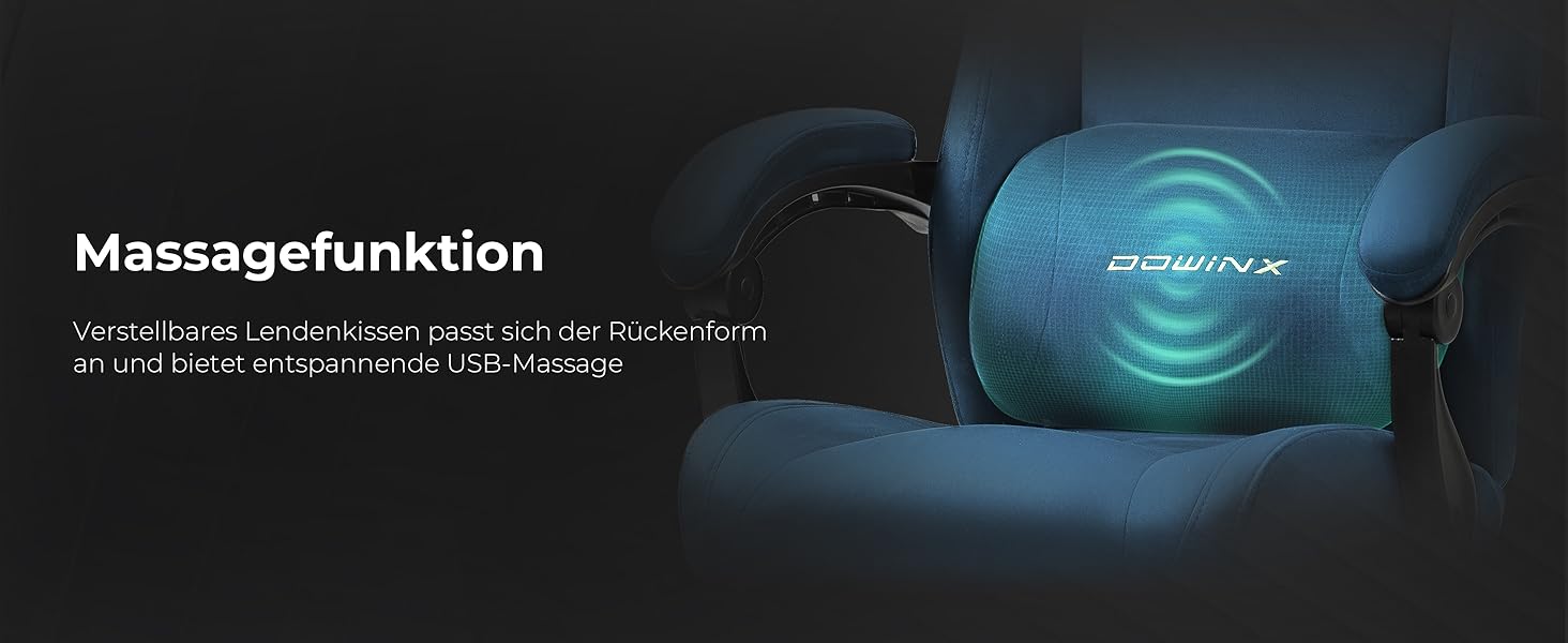 Ігровий крісло Dowinx з масажем попереку, регульованою підголівником, потовщеним сидінням, висувною підніжкою, регульованими підлокітниками, мікрофіброю велюром, нахилом 160°, блакитний колір