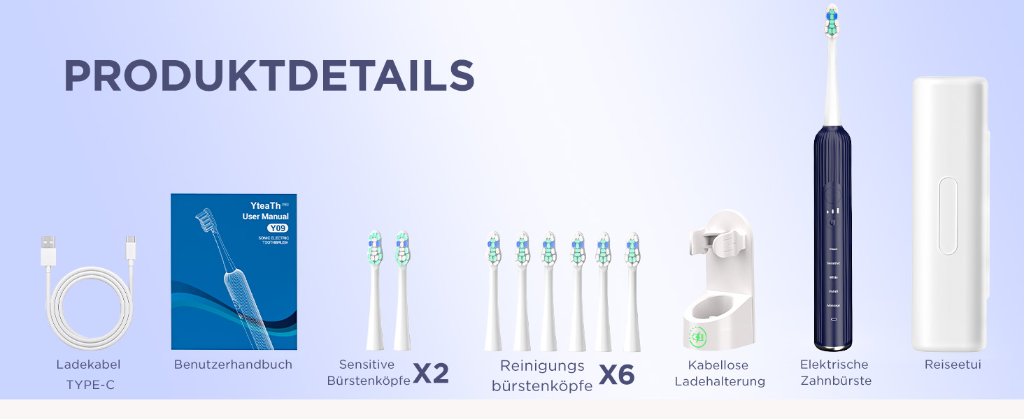 Електрична зубна щітка Sonic для дорослих та дітей, 5 режимів чищення, 8 насадок, блакитна