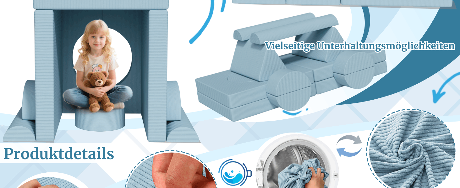 Дитяче ігрове диван-конструктор MAMIZO Cord, 15 елементів, блакитний. Модульний диван для гри та відпочинку, сертифікат Oeko-Tex