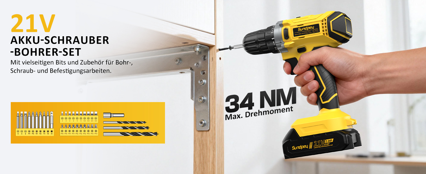 Набір інструментів Sundpey 170 предметів з акумуляторним дрилем-шуруповертом 21V, 2.0Ah, жовтий кейс для дому та ремонту