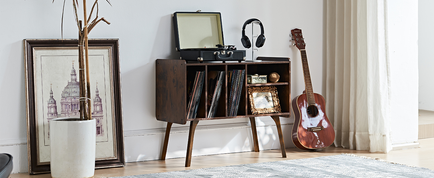 Сумка-органайзер для вінілових платівок LELELINKY: стійка з 4 полицями, вміщує до 220 платівок, з міцними дерев'яними ніжками, Mid-Century дизайн, білий колір, для проигрывателя (Braun)