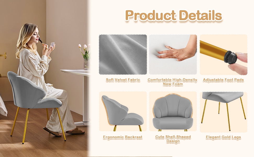 Крісло Yaheetech у формі мушлі, сучасне крісло-вушко, м'яке крісло з металевими ніжками, поліестер, для вітальні/туалетного столика/спальні, комплект, білий/світло-сірий