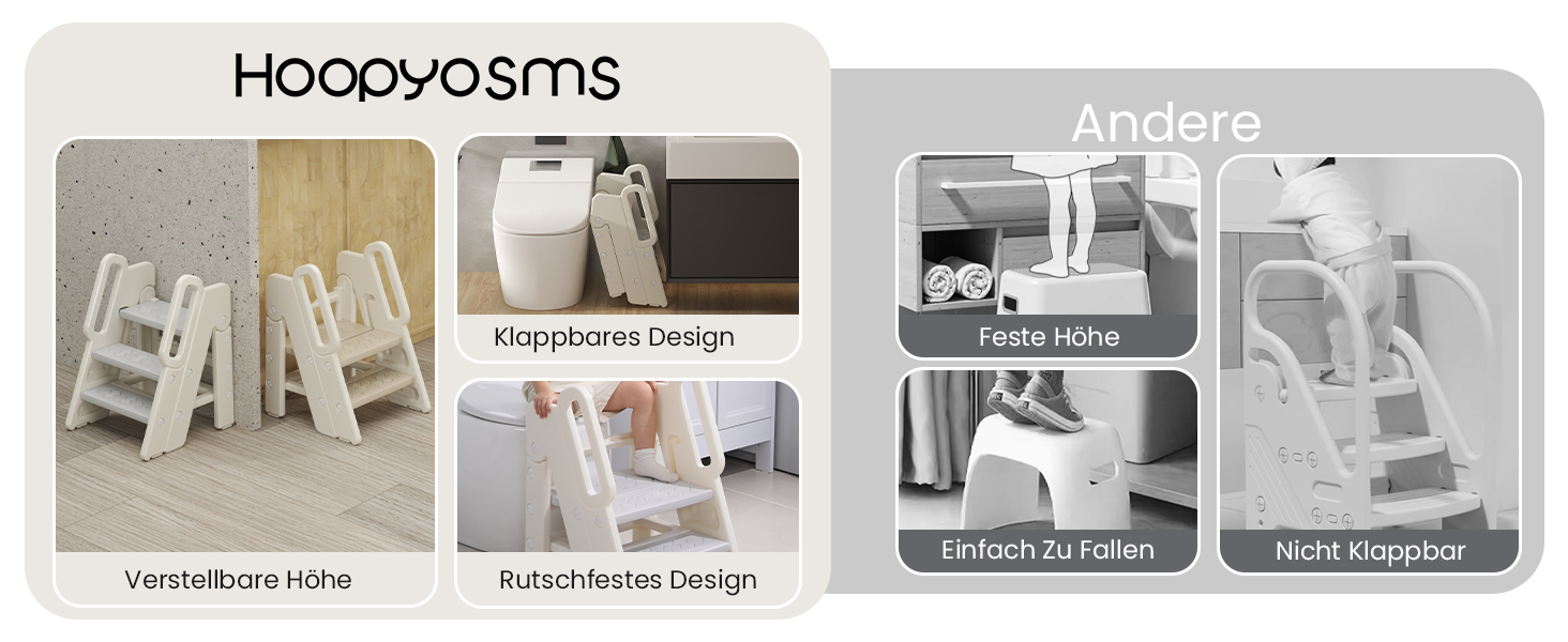 Триттлер Hoopyosms для дітей, 2/3-рівневий, регульована висота, складна конструкція, з поручнями, антиковзаюча поверхня, для ванної та кухні, сірий
