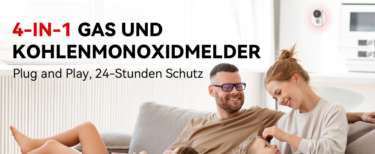 Детектор чадного газу та газу з вилкою, 4-в-1 CO-детектор з датчиком температури та вологості, з акустичним сигналом для дому та автокаравану, 1 шт. (Чорний)