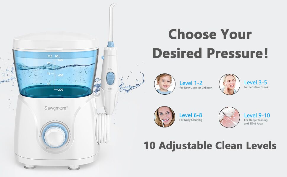 Електрична іригатор для порожнини рота з 10 рівнями тиску та 8 насадками, професійний водяний флосер, резервуар 600 мл, ідеальний для сім'ї, білий