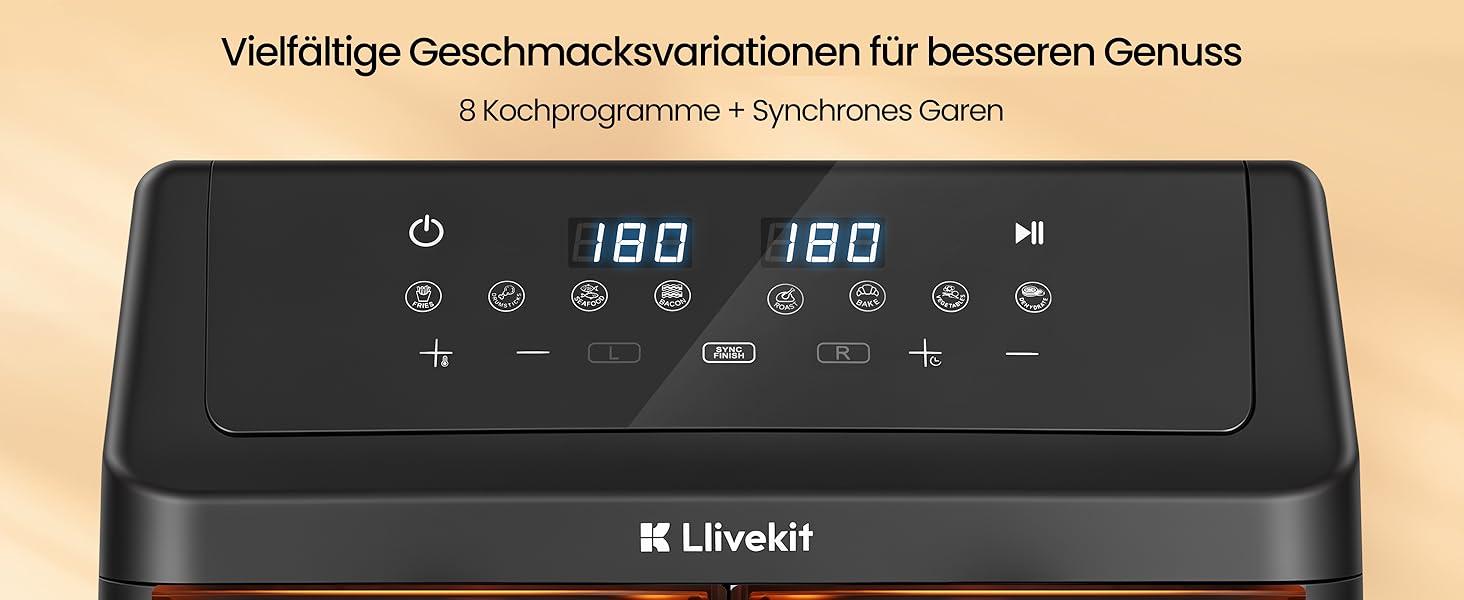 Аерофритюрниця LLIVEKIT 9L з двома камерами (2x4.5L), 8 програм, 4D конвекція, функція Sync-Finish, енергоощадна, PFOA-free, чорна