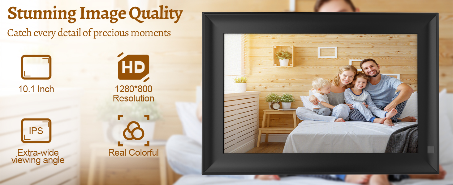 Цифровий фоторамка OBVHNUA 10.1' з 128 ГБ пам'яті, без Wi-Fi, IPS-дисплей 1280*800, відтворення фото, музики, відео, календар, USB/SD, настінний монтаж