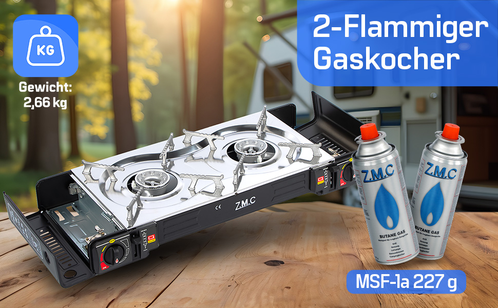 Газовий набір для кемпінгу ZMC 2-поверховий з адаптером для LPG + 4 балончики 227г + кейс, 2.5кВт, з Piezo-запалюванням, для відпочинку на природі та дому