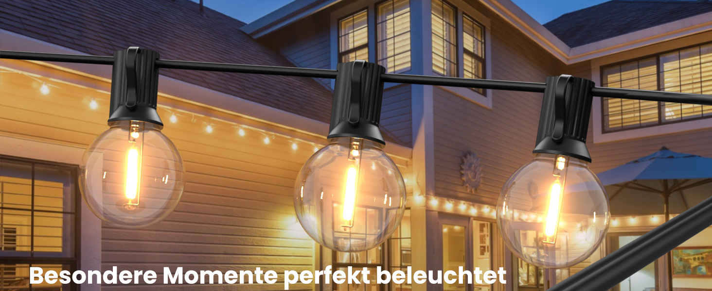 Ланцюжок прикрас для зовнішнього використання, 15м, з 25+2 LED-лампочками G40, тепле біле світло 2700K, IP65, вологостійкий, для саду, тераси, вечірок, чорний